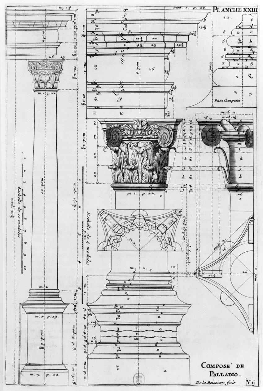 Przekrój i elewacja kolumny kompozytowej zaprojektowanej przez Andrea Palladio (1508-80) rytowanej przez de La Boissiere, ilustracja z „Traite d