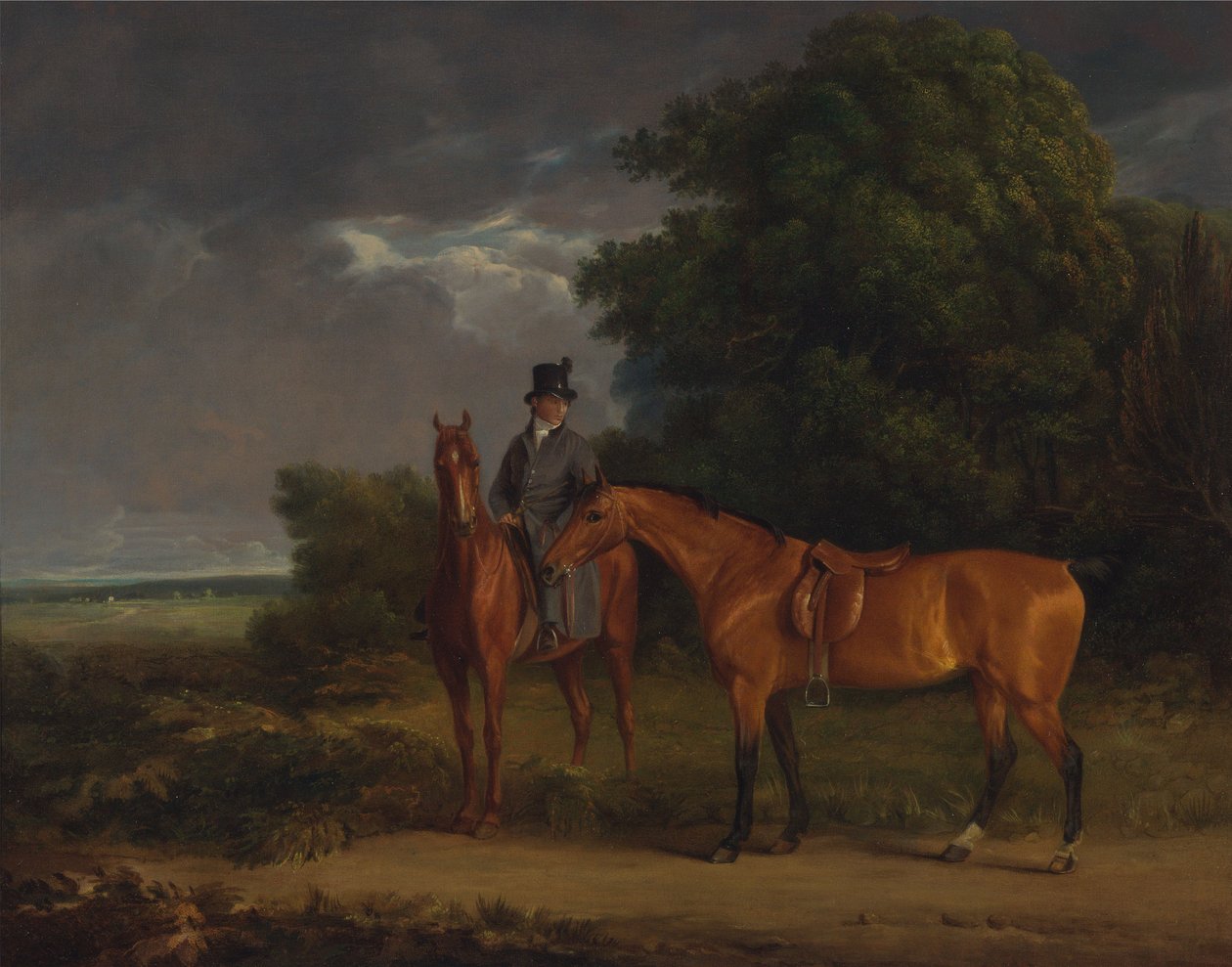 Pan młody dosiadający kasztana myśliwego, trzyma za wodze myśliwego z zatoki autorstwa Jacques-Laurent Agasse