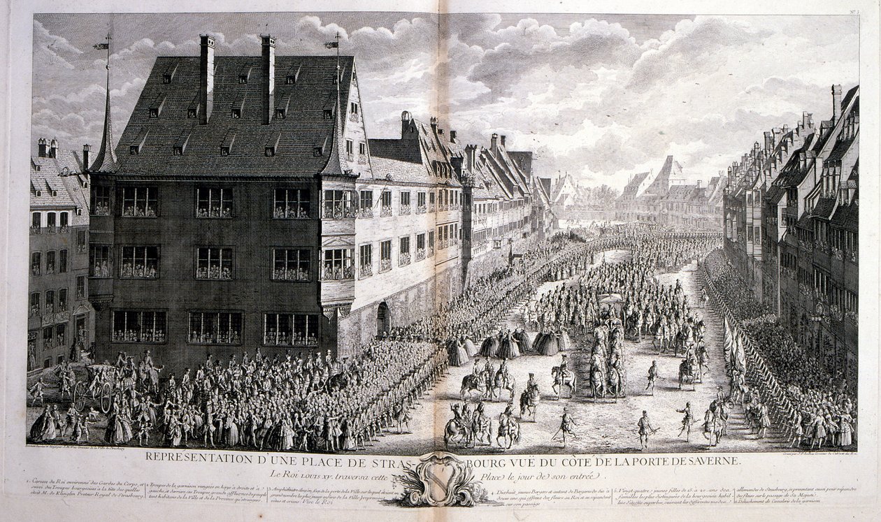 XVIII-wieczna ilustracja Ludwika XV, króla Francji, panującego w latach 1715-1774, przechodzącego przez Rue de Strasbourg w Paryżu. autorstwa Jacques-Philippe Le Bas