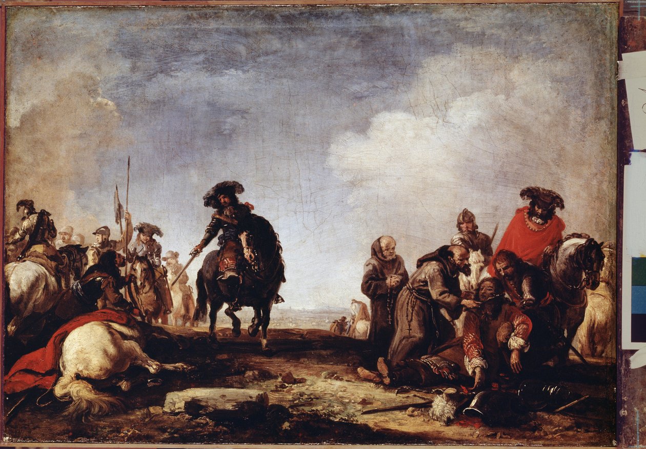 „Po bitwie” (Po bitwie) Grupa mnichów przechodzi wśród rannych, aby ich pobłogosławić. Obraz Jacques Courtois (1621-1696) XVII-wieczne Muzeum Ermitażu, Sankt Petersburg (Sankt-Petersburg) autorstwa Jacques Courtois