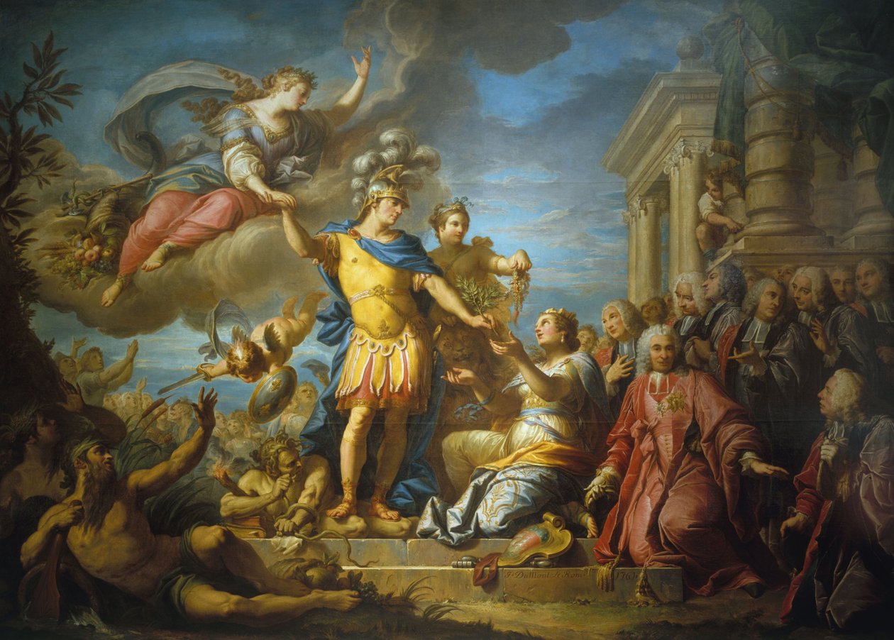Alegoria na cześć publikacji Pokoju z Aix-la-Chapelle, 13 lutego autorstwa Jacques (1701 81) Dumont
