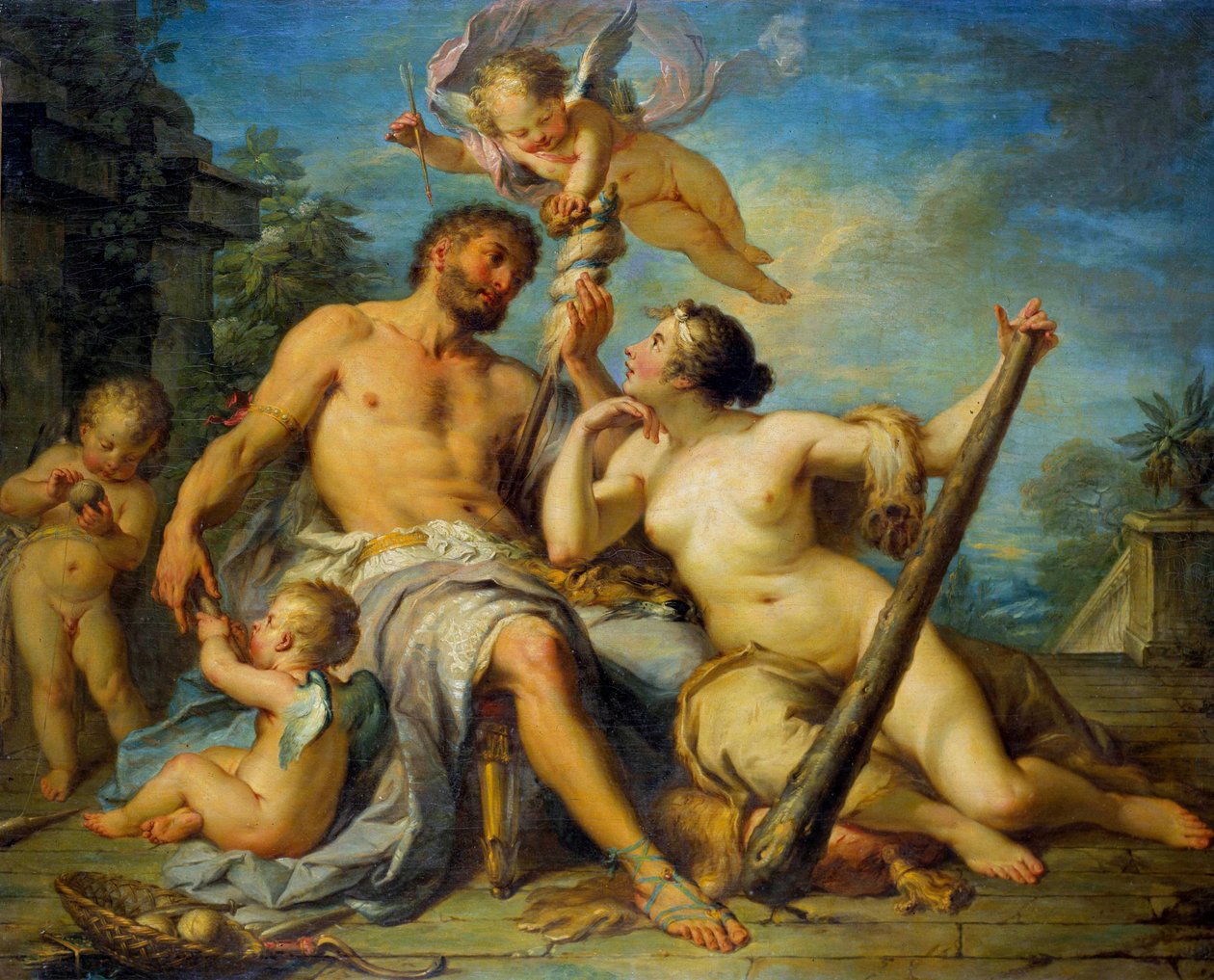 Hercules and Omphale Hercules (Heracles) jest zakochany w Omphale, którego jest niewolnikiem. Obraz Jacquesa Dumonta zwany rzymskim (1701-1781). 1728. wym. 1,33 x 1,67 m. Wycieczki, Muzeum Sztuk Pięknych autorstwa Jacques  Dumont