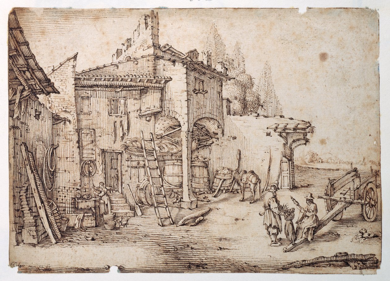 Włoskie gospodarstwo (długopis i brązowy tusz na białym papierze) autorstwa Jacques (after) Callot