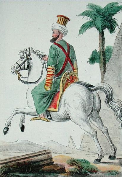 Mameluka z Kairu w Egipcie w 1801 roku, ilustracja z „Podróży Pittoresque dans les Quatre Parts du Monde” autorstwa artysty autorstwa Jacques (after) Grasset de Saint Sauveur