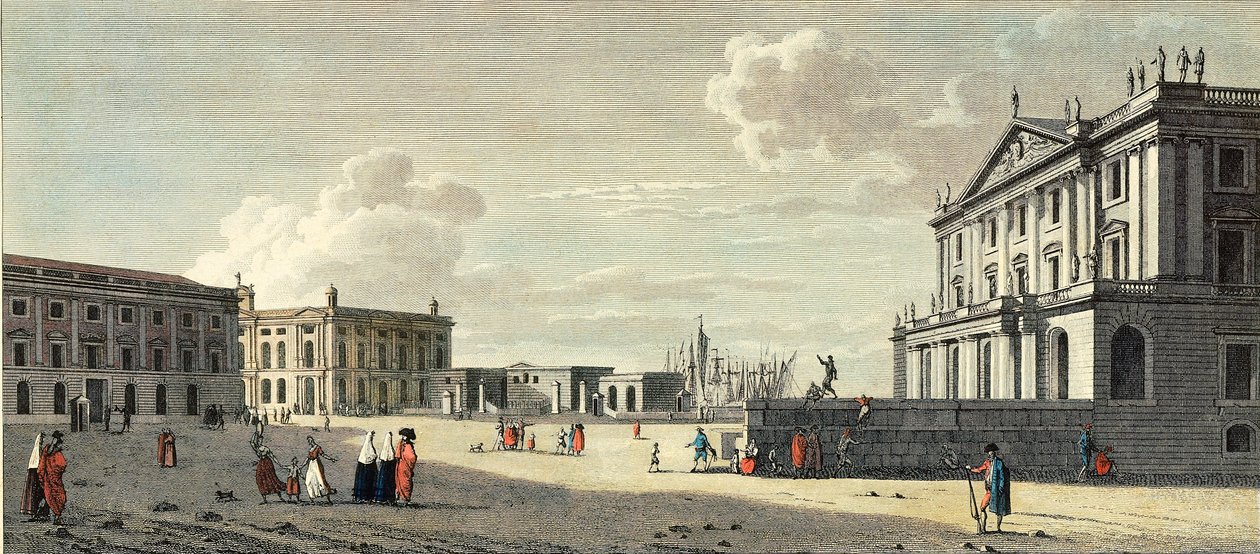 Llotja (dawna giełda), pałac kapitana generalnego urzędu celnego i Brama Morska w Barcelonie (rycina) autorstwa Jacques (after) Moulinier