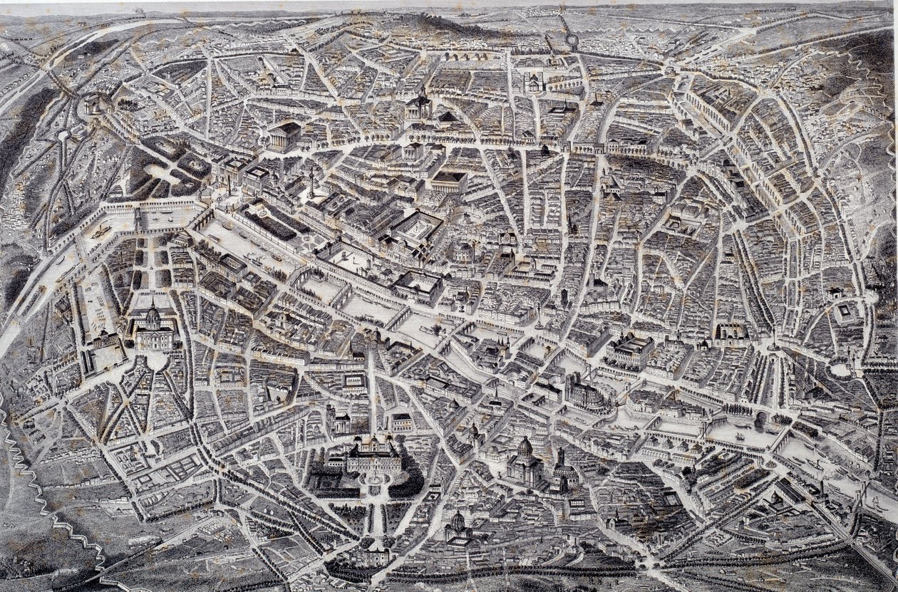 Mapa Paryża w reliefie i ptasia mucha z otoczeniem i fortyfikacjami. Grawiura Jacques Alphonse Testard (1810-?) XIX-wieczny Paryż, Musee Carnavalet autorstwa Jacques Alphonse (after) Testard