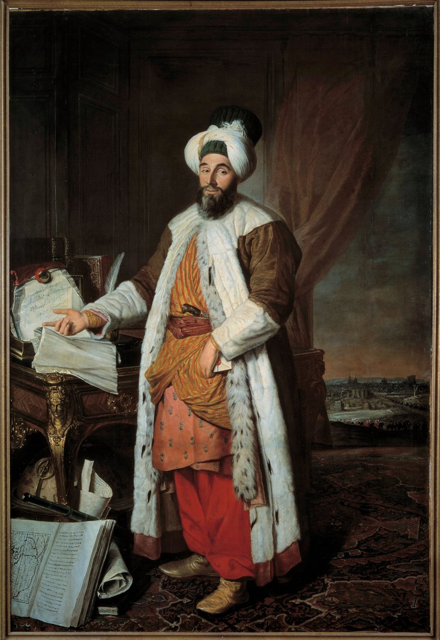 Pełnowymiarowy portret Mehemeta Saida Paszy Bey de Roumelie, ambasadora sułtana Mahmuda (Mahmuda) I w Wersalu w 1742 r. Obraz Jacquesa Andre Josepha Ave, dit le Camelot lub Avet le Batave (1702-1766) autorstwa Jacques Andre Joseph Camelot Aved