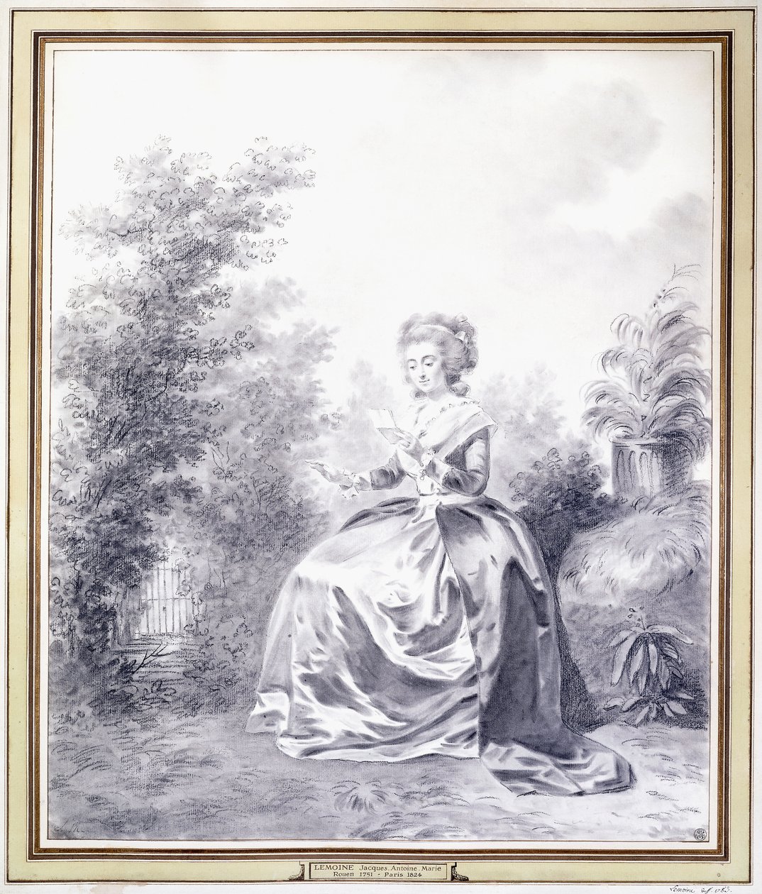 Portret Elisabeth Louise Vigee-Lebrun czytającej list siedzącej w ogrodzie (czarna kreda) autorstwa Jacques Antoine Marie Lemoine