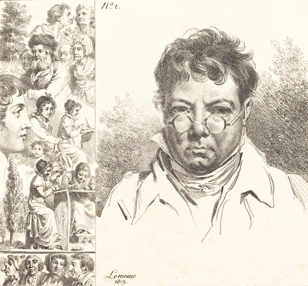 Autoportret i inne głowy, 1819 (litografia) autorstwa Jacques Antoine Marie Lemoine