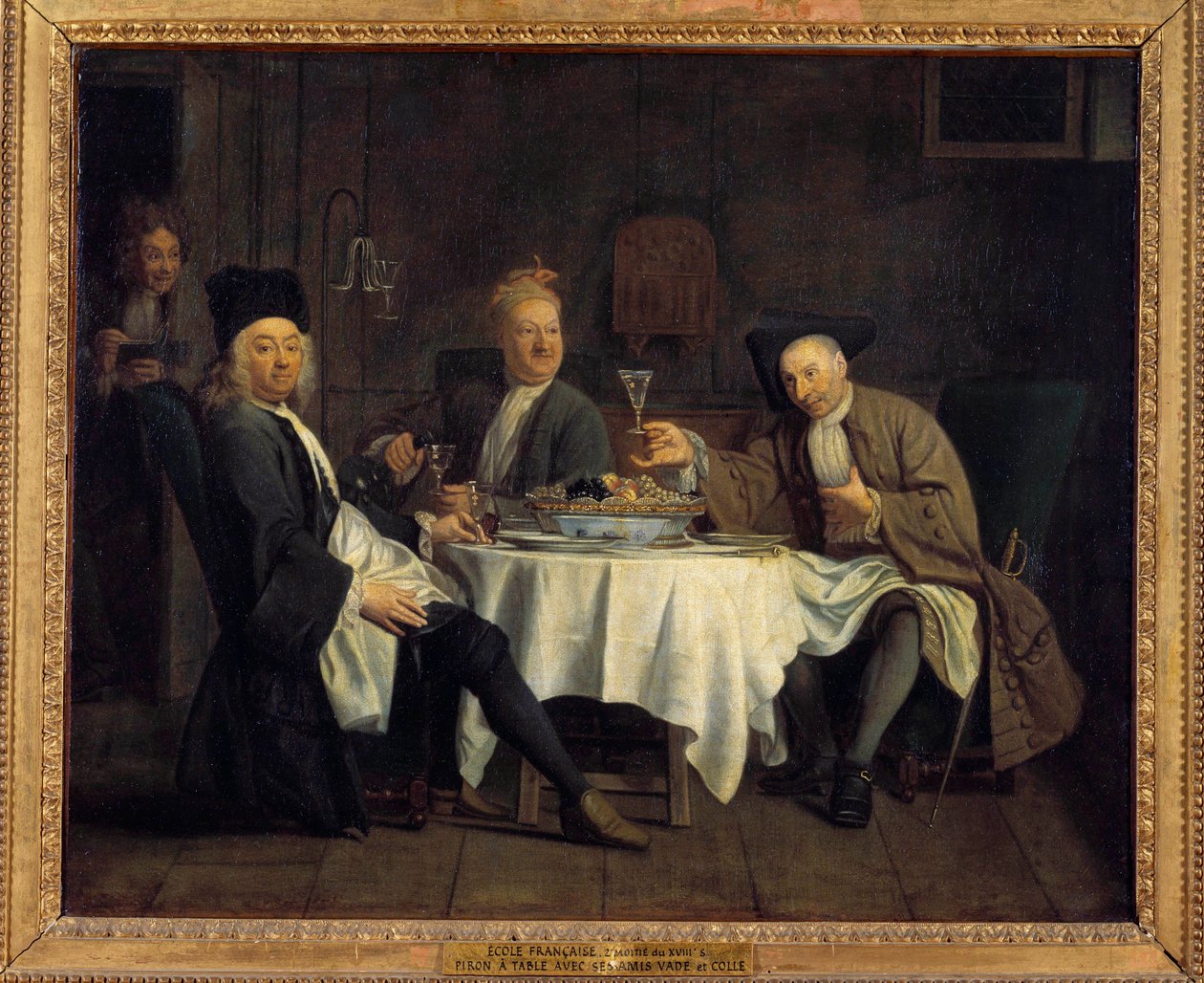 Pijący wino powiedzieli kiedyś, że poeta Alexis Piron (1689-1773) przy stole ze swoimi przyjaciółmi Jean Joseph Vade (1720-1757) i Charles Colle (1709-1783) Obraz Jacquesa Antreau (1657-1745) XVIII-wieczne Słońce. 0,54x0,66 m² autorstwa Jacques Antreau