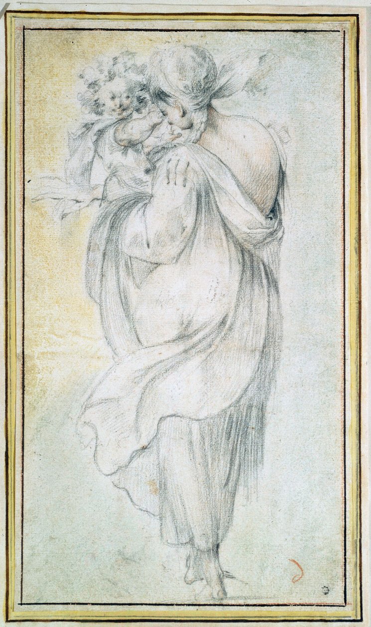 Cyganka z dzieckiem - Dzieło Jacquesa Bellange (ok. 1575-1616), krew i kreda czarno-biała na papierze (30x16,5 cm), początek XVII w. - Cyganka z dzieckiem, Krew, kreda czarno-biała na papierze J. Bellange, początek XVII wieku - stan H autorstwa Jacques Bellange