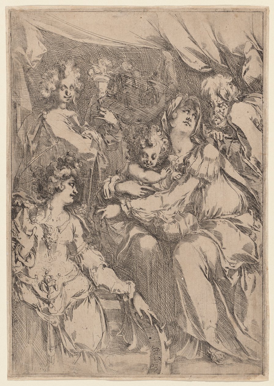 Święta Rodzina ze św. Katarzyną, św. Janem Ewangelistą i Aniołem, 16121616. autorstwa Jacques Bellange