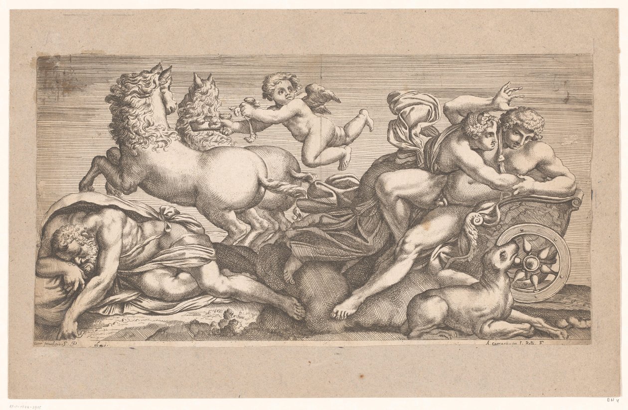 Cephalus zabrany przez Aurorę w swoim rydwanie Sceny mitologiczne po freskach w Palazzo Farnese w Rzymie (tytuł serii) autorstwa Jacques Belly