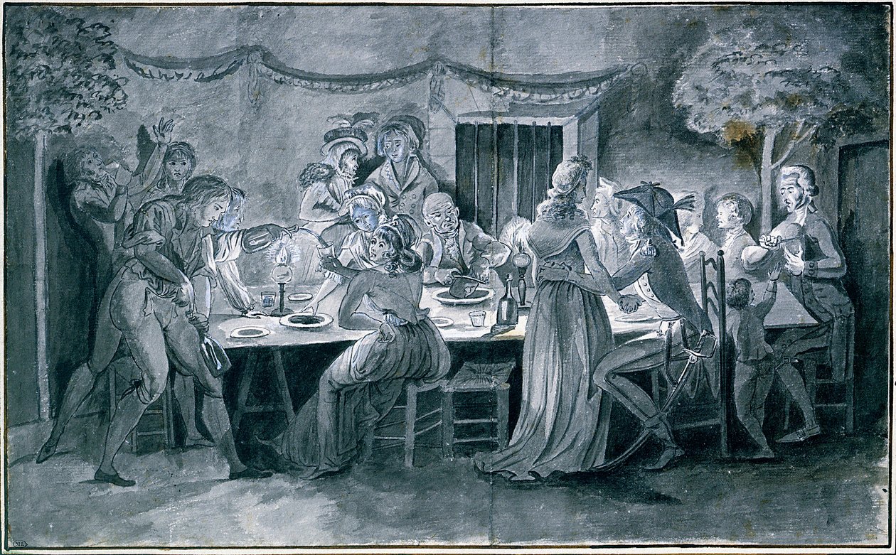 Obiad weselny podczas rewolucji Rysunek Jacquesa Bertaux (1745-1818) Paryż. autorstwa Jacques Bertaux