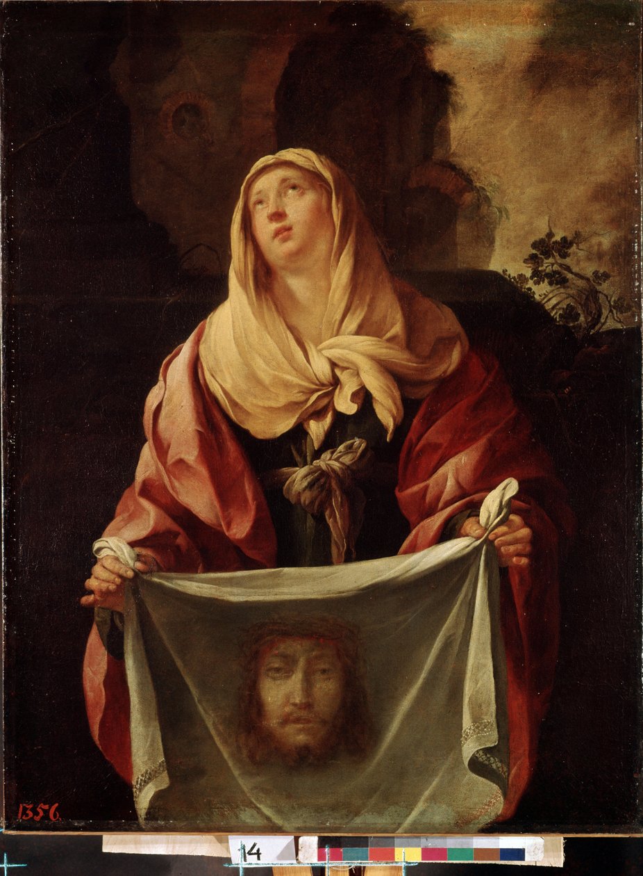""Święta Weronika"". Święty Welon przedstawia oblicze Chrystusa, którego pot otarłaby Weronika podczas wejścia na Kalwarię. Obraz Jacquesa Blancharda (1600-1638) 1633-1634 o wymiarach 127x98 cm Ermitaż, Sankt Petersburg (Saint-Peters autorstwa Jacques Blanchard