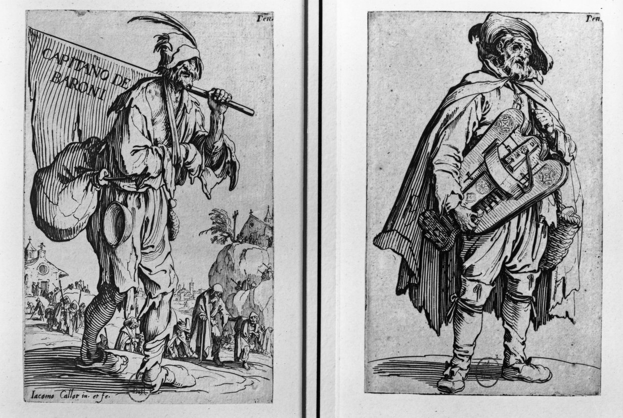 Żebrak i lira korbowa autorstwa Jacques Callot