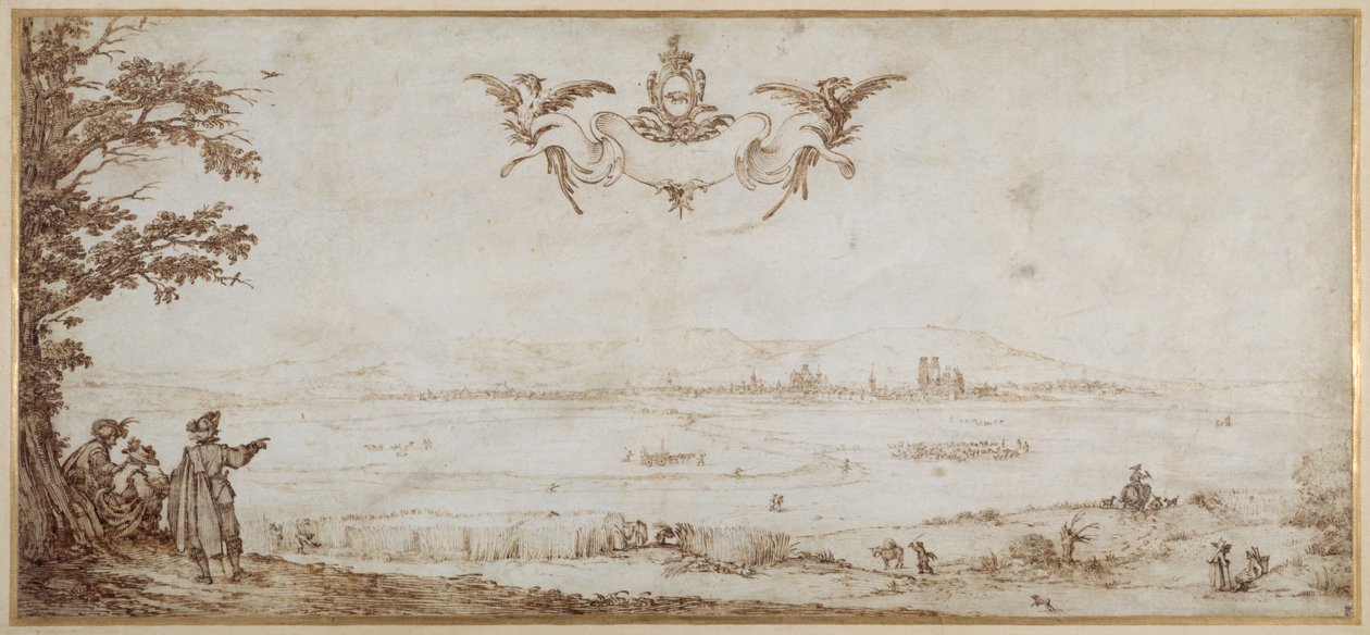 Widok Toul po drugiej stronie równiny, krajobraz z postaciami, niebo z ramionami porcelany (pióro i brązowy tusz na welinie) autorstwa Jacques Callot