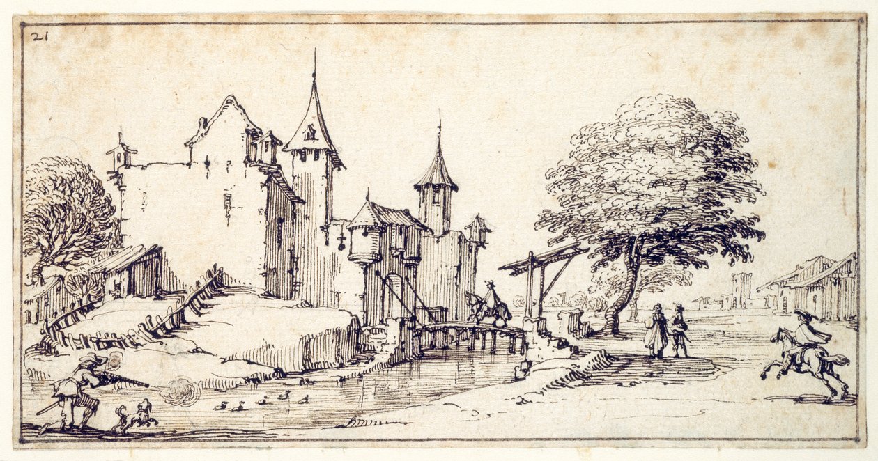 Zamek z mostem zwodzonym (pióro i brązowy tusz na papierze) autorstwa Jacques Callot