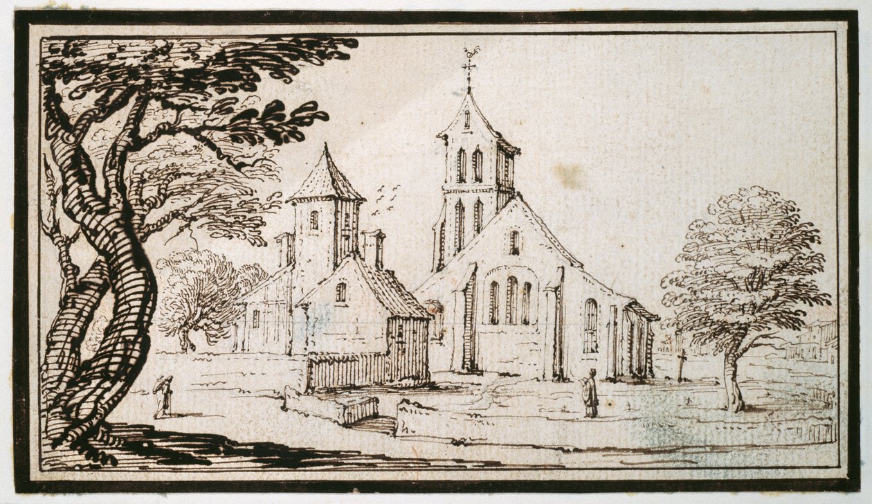 Kościół w Lotaryngii i sąsiedni budynek (pióro i brązowy tusz na papierze) autorstwa Jacques Callot