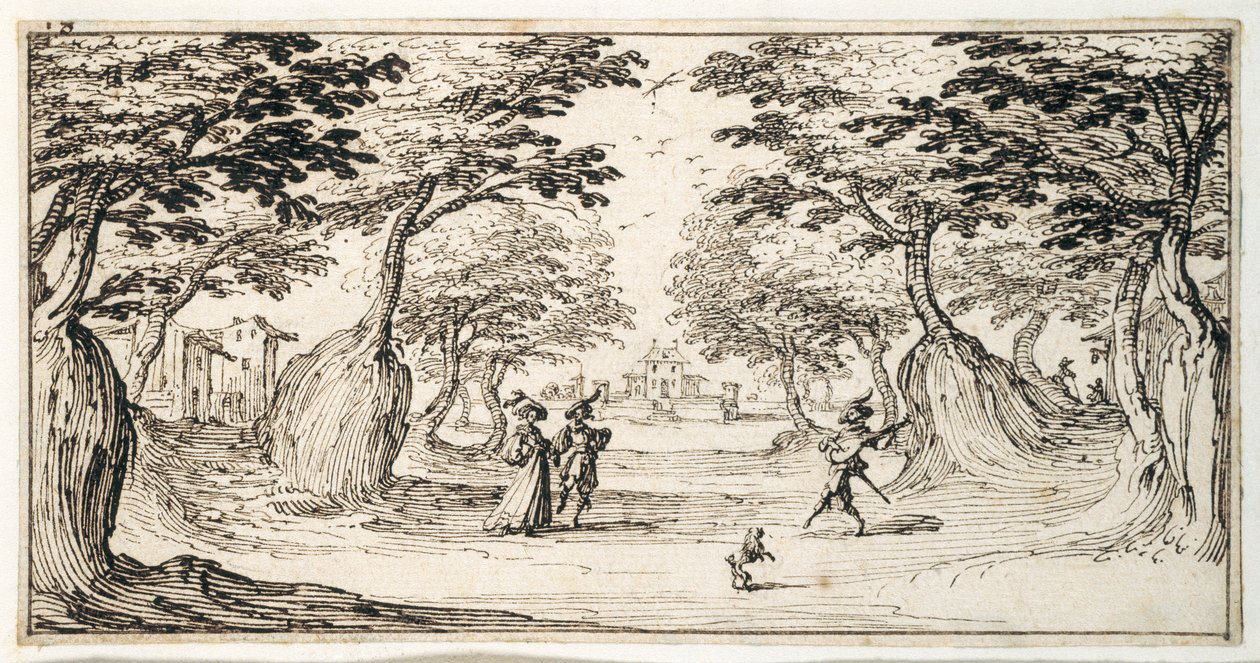 Wspaniała dama i dżentelmen tańczący w lesie przy lutni, zamek w oddali (pióro i brązowy atrament na papierze) autorstwa Jacques Callot