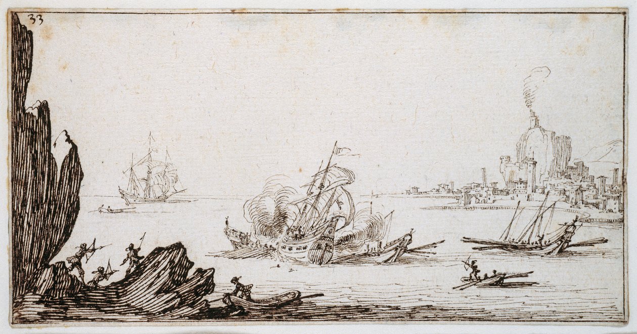 Kuchnia staranowana na śródokręciu przez okręt wojenny pod żaglami w zasięgu wzroku portu, ok. 1617 (pióro i brązowy atrament na papierze) autorstwa Jacques Callot