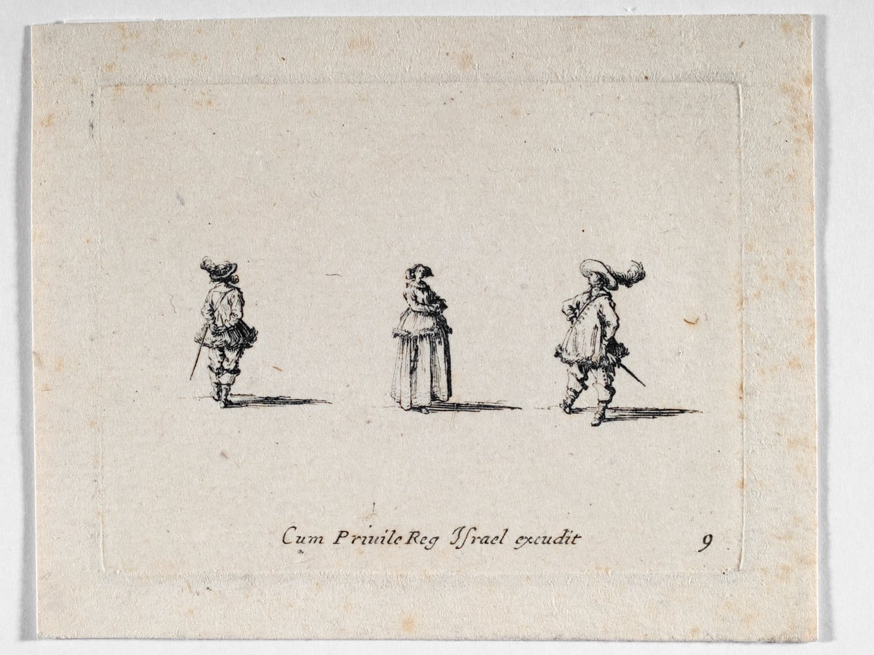 Dama ze złożonymi rękami i dwóch kawalerzystów z ... (rycina) autorstwa Jacques Callot