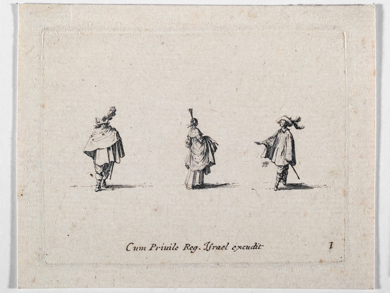 Dama w rozkloszowanej spódnicy i dwóch kawalerzystów, z Les Fantaisies de Noble J. Callot ... (rycina) autorstwa Jacques Callot