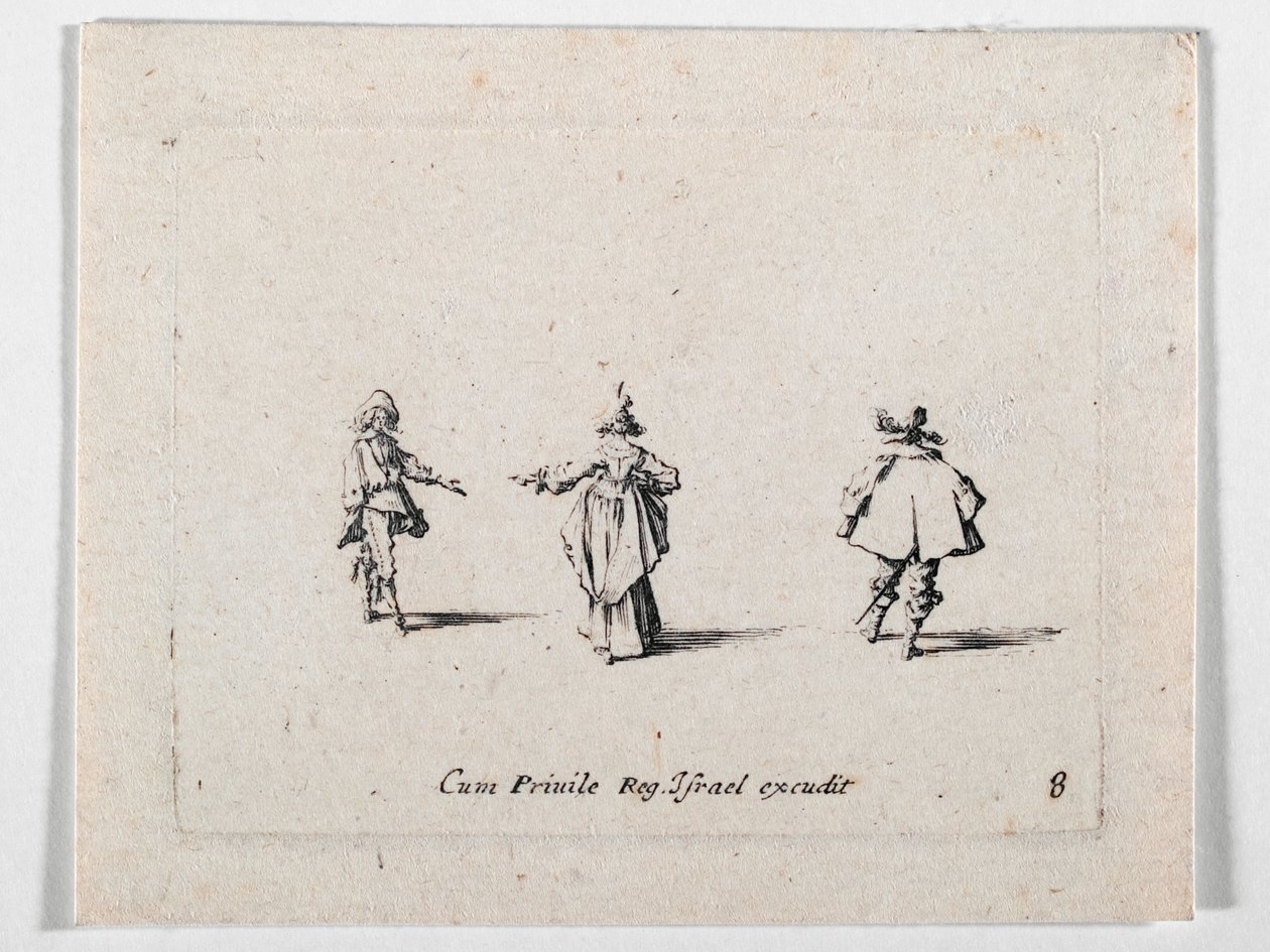 Dama z wyciągniętą ręką, widziana od tyłu, i dwóch kawalerzystów, z Les Fantaisies de Noble J. Callot ... (rycina) autorstwa Jacques Callot