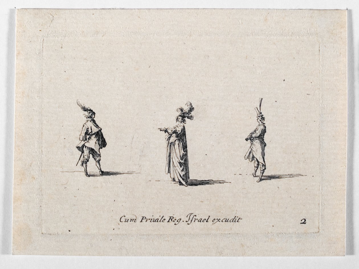 Dama w kapeluszu z pióropuszem i dwóch kawalerzystów z ... (rycina) autorstwa Jacques Callot