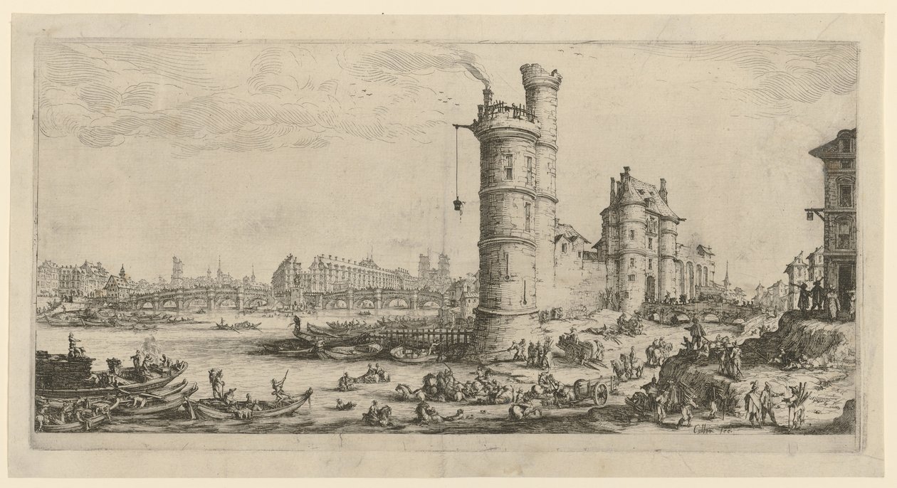 Widok na Pont-Neuf, arkusz z serii „Dwa wielkie widoki Paryża” autorstwa Jacques Callot