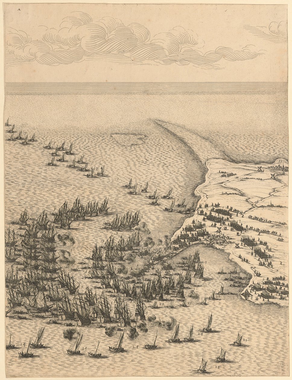 Fragment obrazu „Oblężenie cytadeli św. Marcina na wyspie Île de Ré” autorstwa Jacques Callot