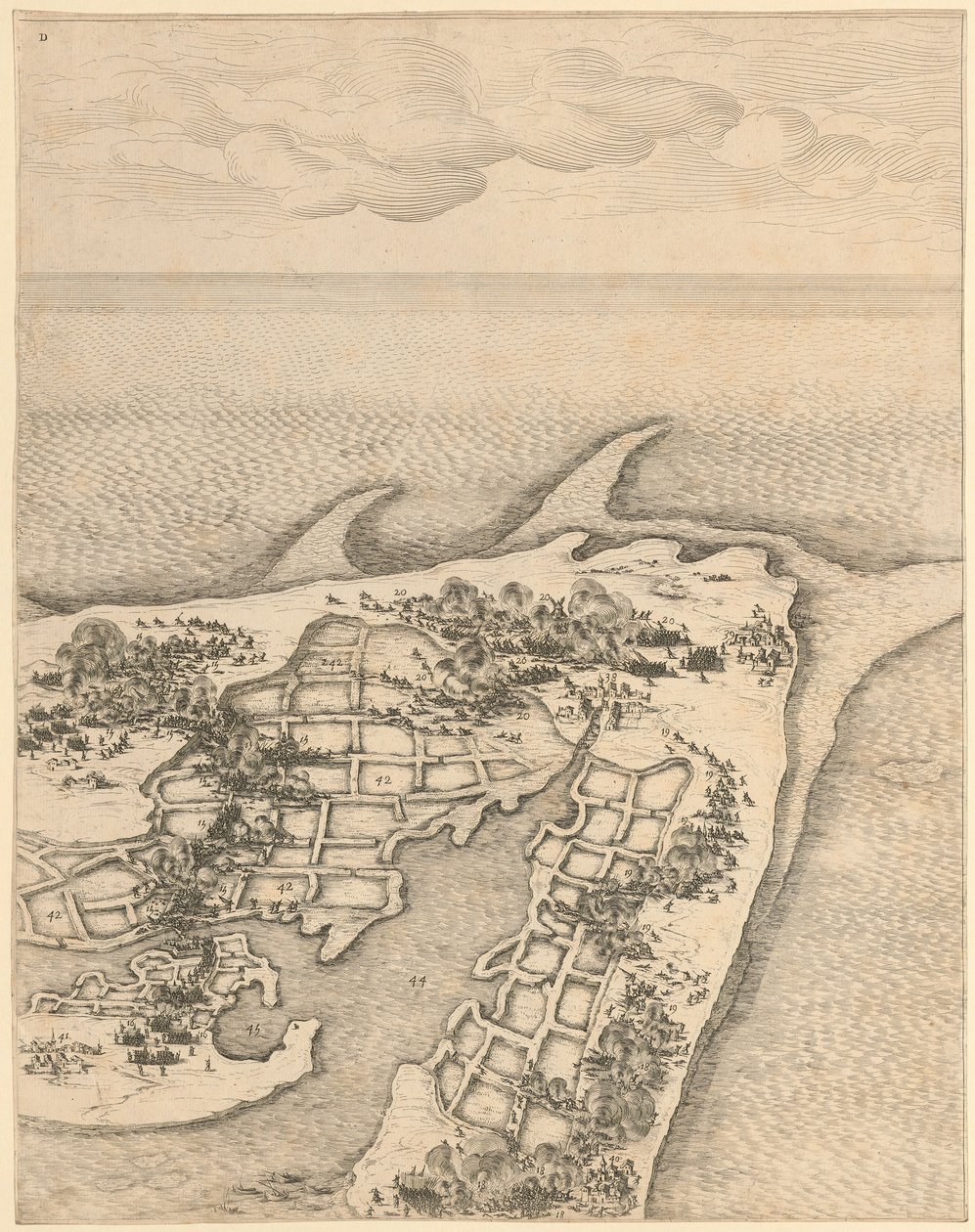 Fragment obrazu „Oblężenie cytadeli św. Marcina na wyspie Île de Ré” autorstwa Jacques Callot