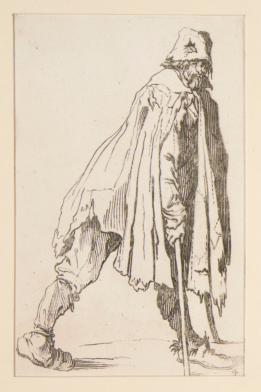 Żebrak w czapce, o kulach, od The Beggars. autorstwa Jacques Callot
