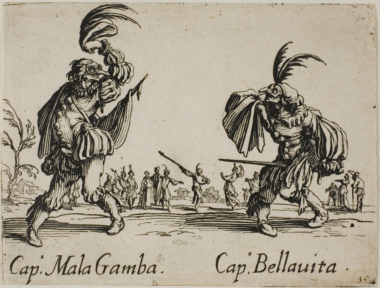Kapitan Mala Gamba - Kapitan Bellavita, płyta 15 z Balli di Sfessania autorstwa Jacques Callot