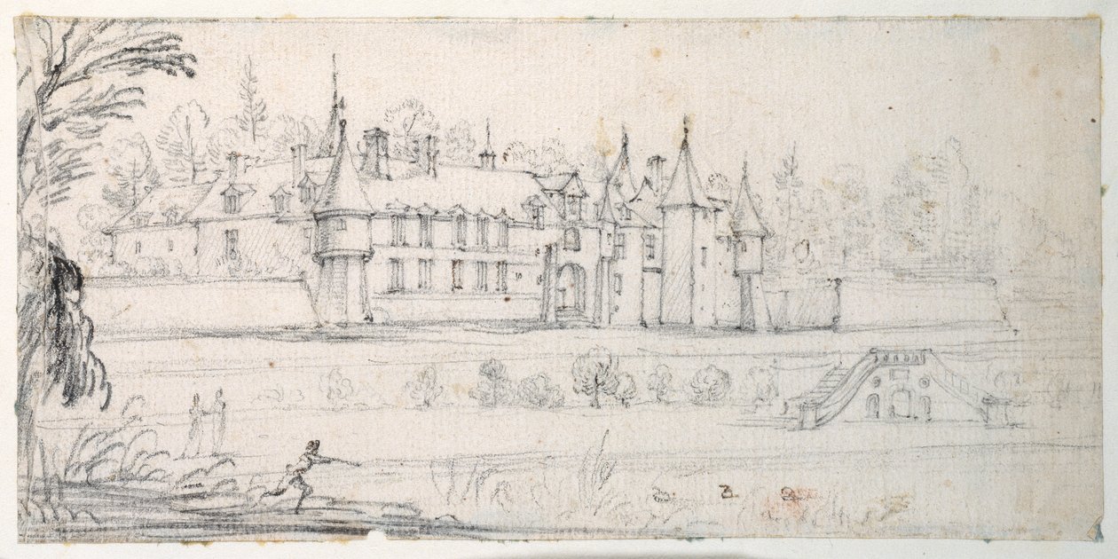 Chateau de Chantelou, w dolinie Orge, między Linas i Chestres (czarna kreda na papierze) autorstwa Jacques Callot