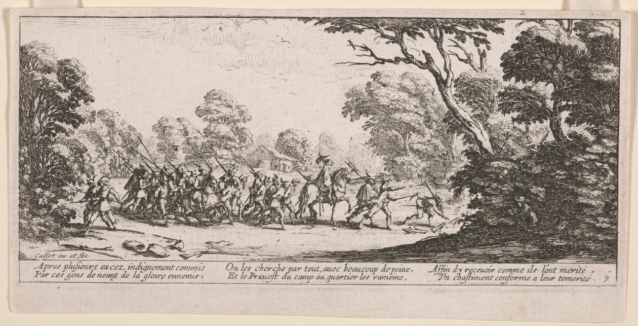 Odkrycie złoczyńców, ilustracja z książki The Great Miseries of War autorstwa Jacques Callot