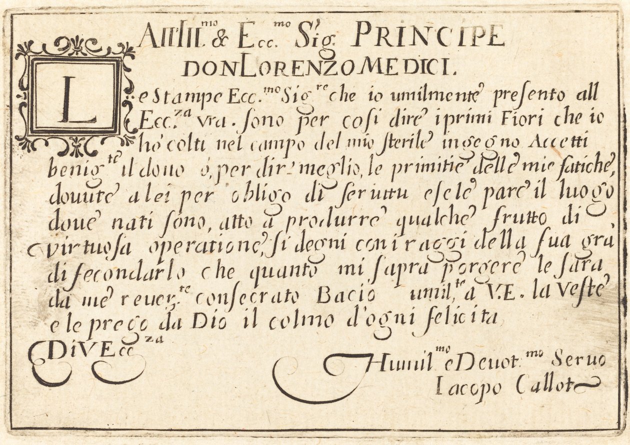 Dedykacja Ks. Wawrzyńcowi Medyceuszowi, ca. 1622. autorstwa Jacques Callot
