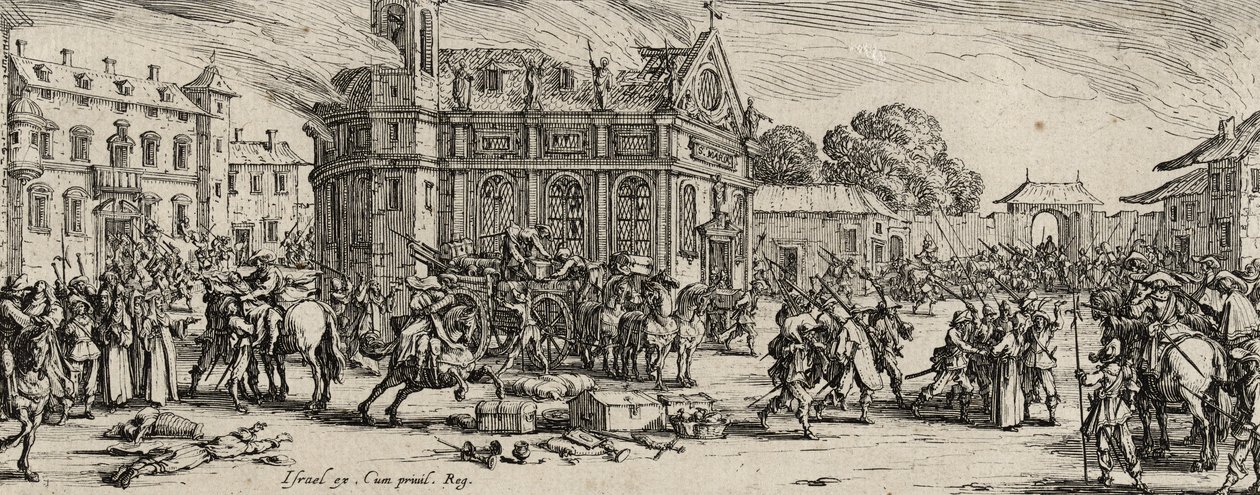 Zniszczenie klasztoru, 1633 (akwaforta na papierze wykładanym) autorstwa Jacques Callot