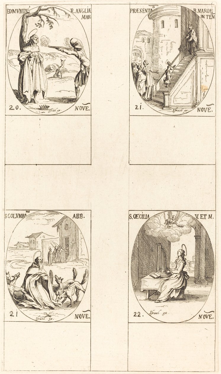Edmund, król Anglii, męczennik, Ofiarowanie Dziewicy, św. Kolumba, św. Cecil. autorstwa Jacques Callot