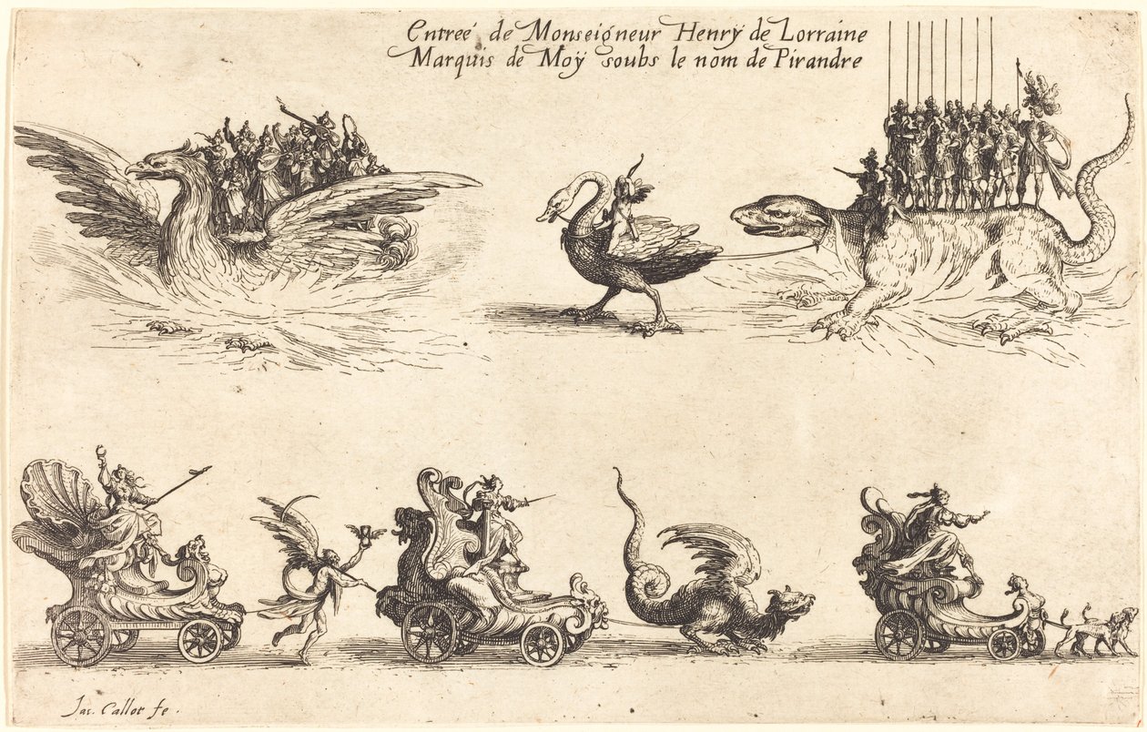 Wpis Monseigneur Henry de Lorraine, markiza de Moy, pod imieniem Pirandre, 1627. autorstwa Jacques Callot