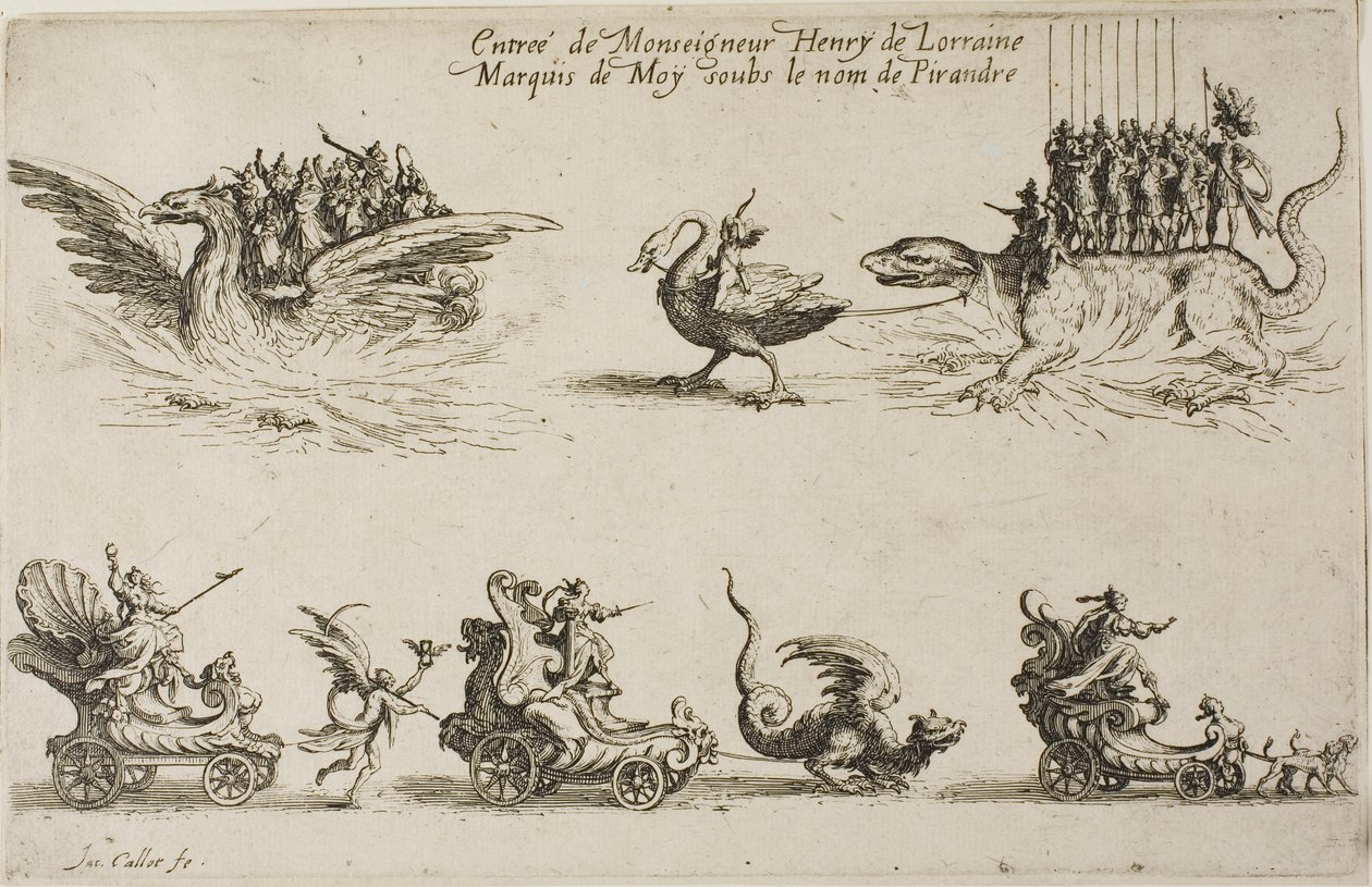 Wpis Monseigneur Henry de Lorraine, markiz de Moy, pod imieniem Pirandre, z „Walki pod barierą” autorstwa Jacques Callot