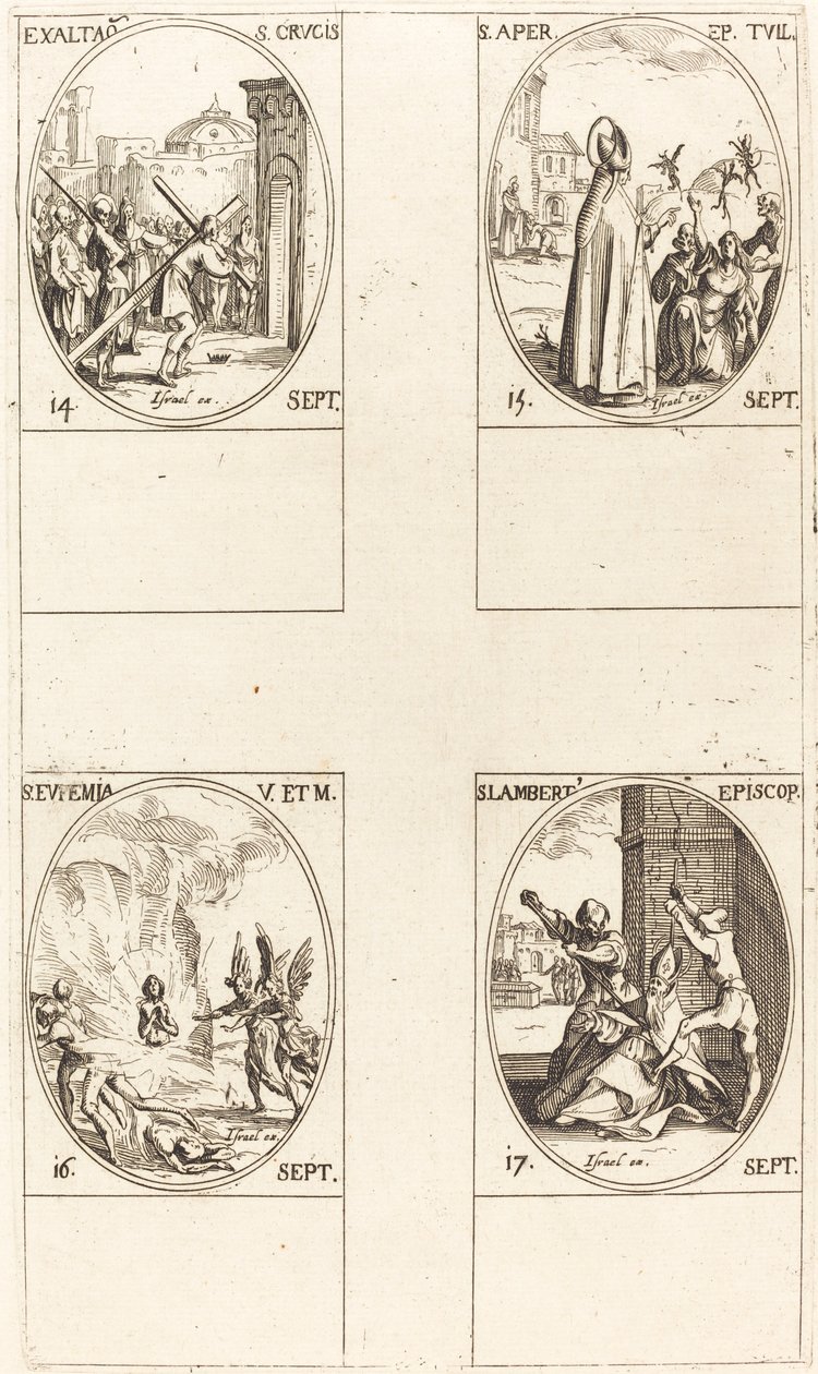 Podwyższenie Krzyża Świętego; św. Aper; św. Eufemia; Św. Lambert autorstwa Jacques Callot