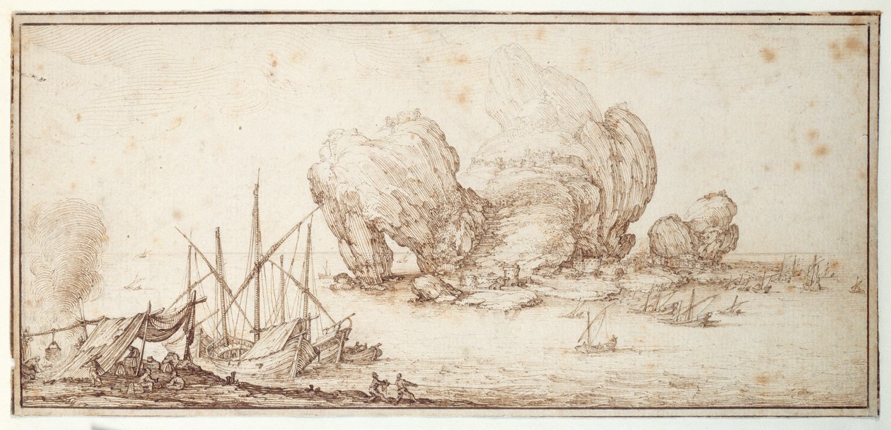 Fantastyczne skały, ufortyfikowane. Wysyłka. Mariners biwakują na widok swojego statku (Le Grand Rocher) (pióro i atrament na papierze) autorstwa Jacques Callot