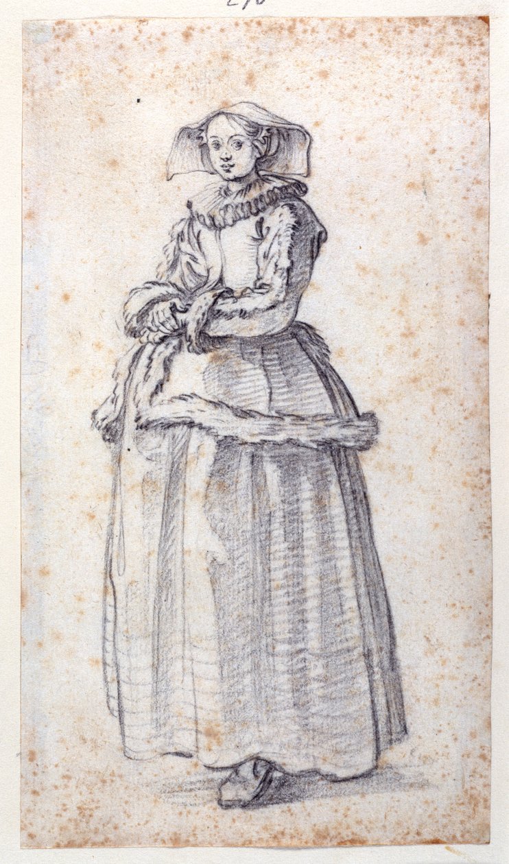 Figura w sukience obszytej futrem (czarna kreda na papierze) autorstwa Jacques Callot