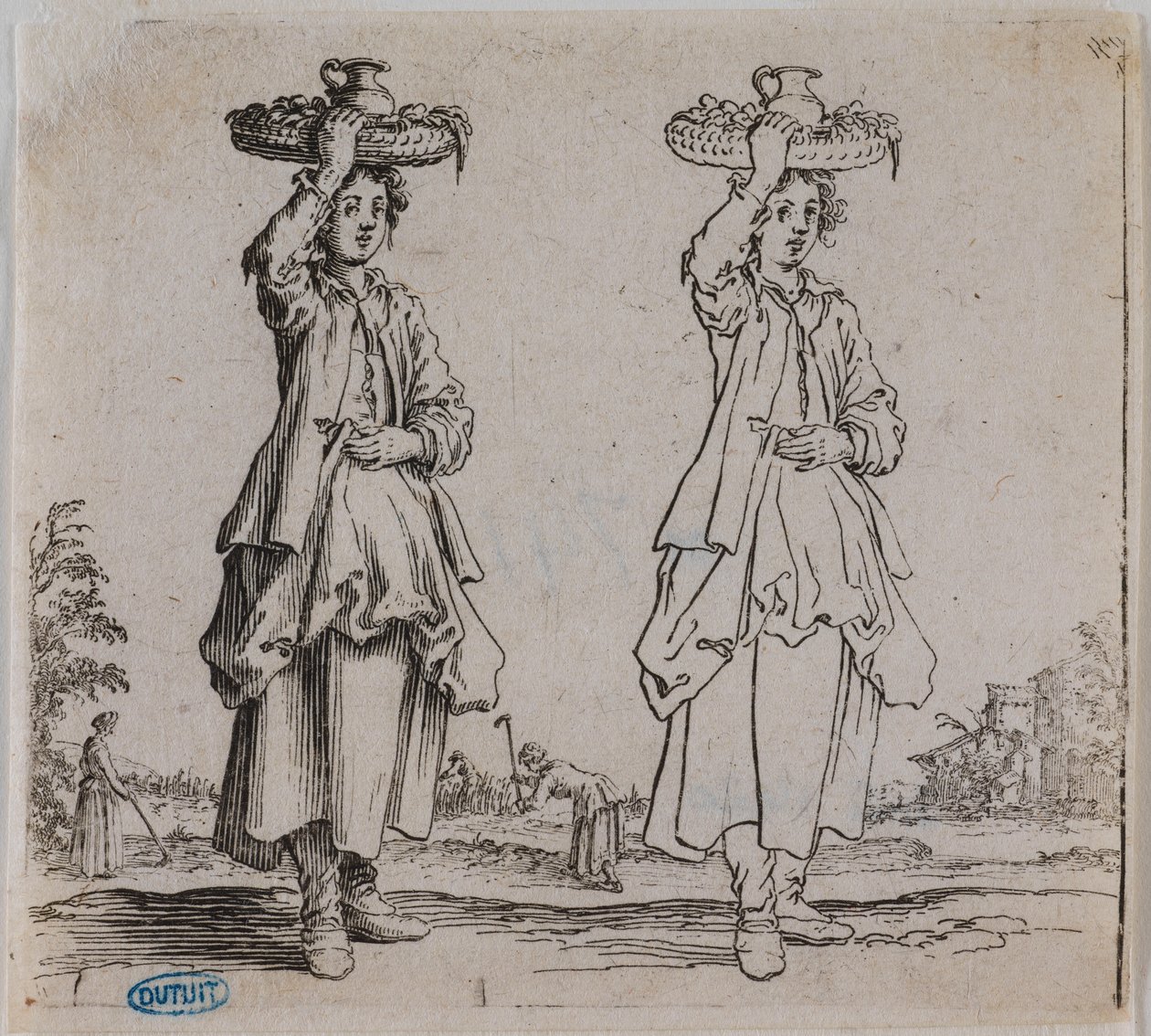 Różnorodne postacie, „Chłopka widziana z przodu, trzymająca kosz na głowie”. Szósty numer z serii 16 dzieł (Lieure 203, Meaume 741) autorstwa Jacques Callot