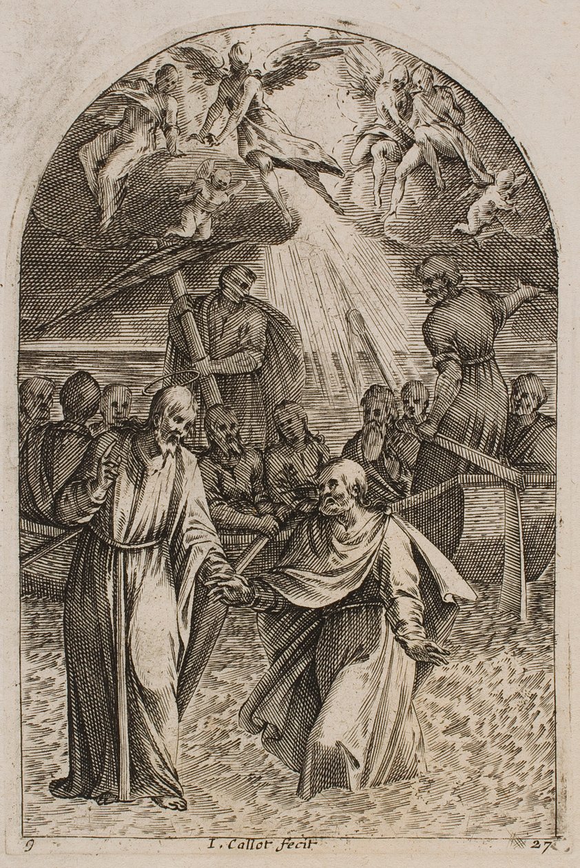 Jezus i święty Piotr kroczący po wodzie, z serii „Obrazy Rzymu” autorstwa Jacques Callot