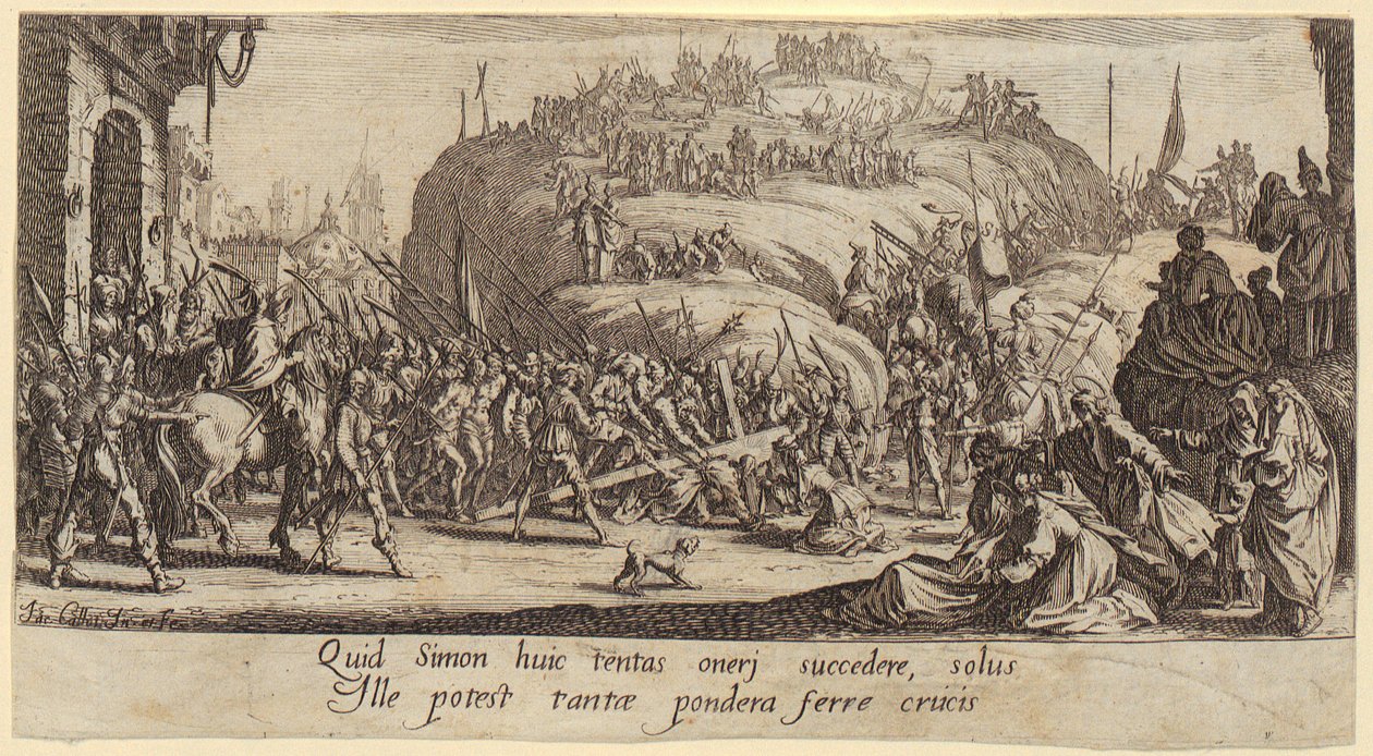 „Niesienie krzyża”, arkusz 6 z cyklu „Wielka Pasja” autorstwa Jacques Callot