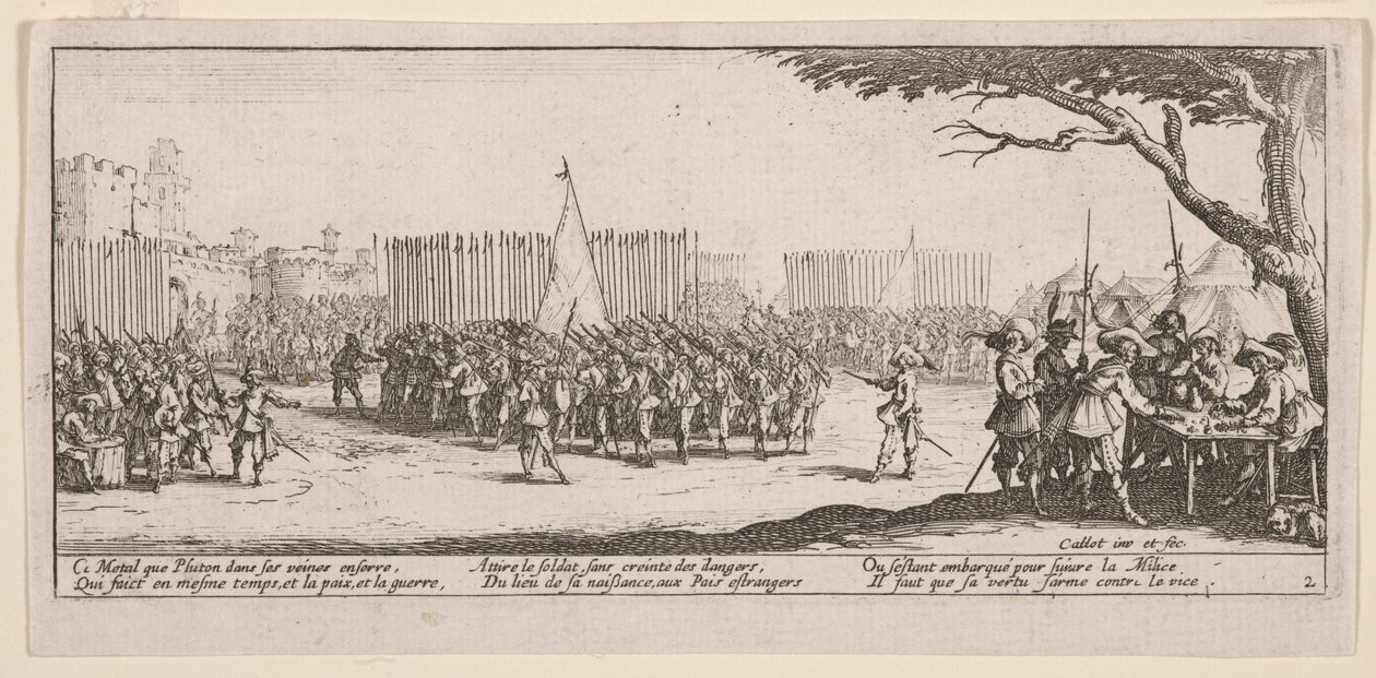 Zapisywanie żołnierzy, ilustracja z książki The Large Miseries of War autorstwa Jacques Callot