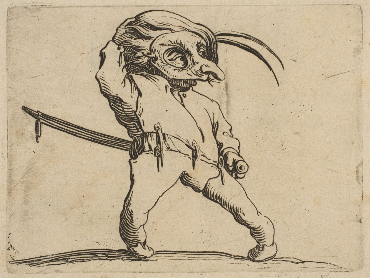 Zamaskowany mężczyzna z krzywymi nogami, z Varie Figure ..., 1616-22. autorstwa Jacques Callot