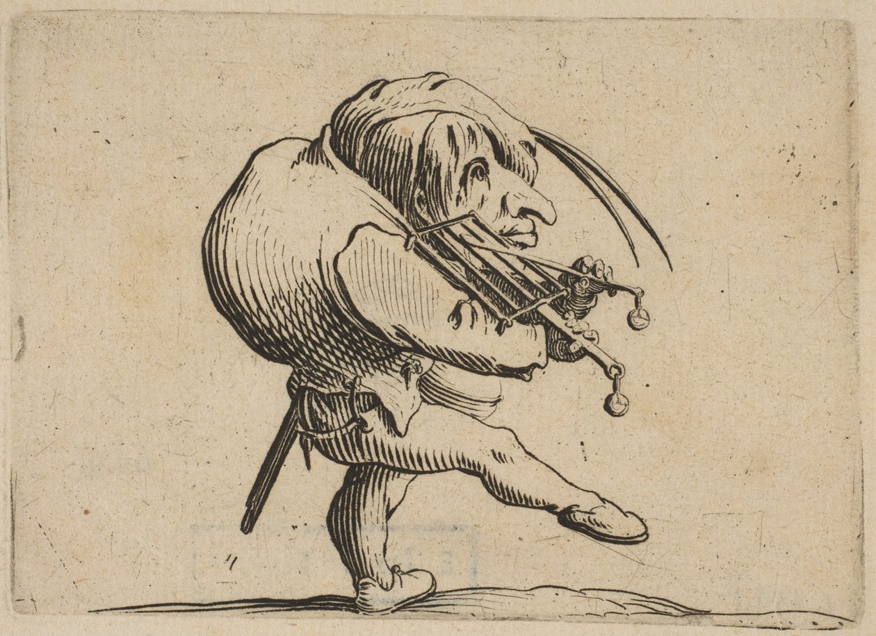 Mężczyzna skroba grilla w przebraniu altówki..., 1616-22. autorstwa Jacques Callot